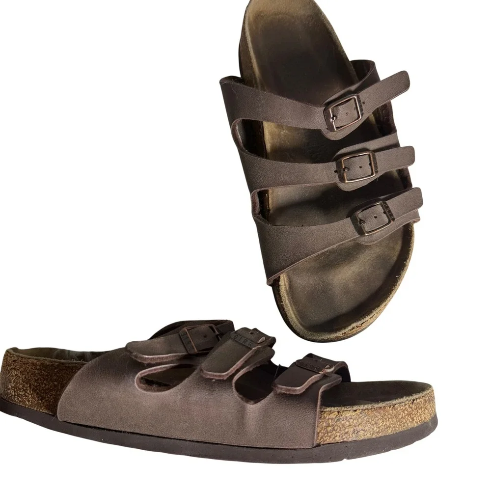 Birkenstock Florida Brown Three Strap Birko-Flor Slide Sandals‎ Size 38 L7 M5